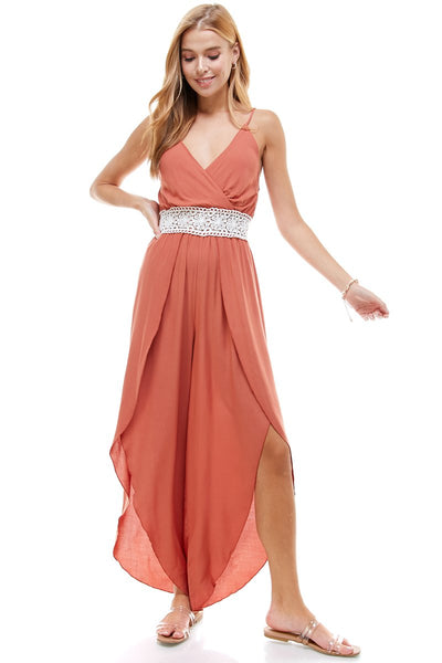 FLORAL & SOLID crochet tulip leg cami jumpsuit on model in size small.