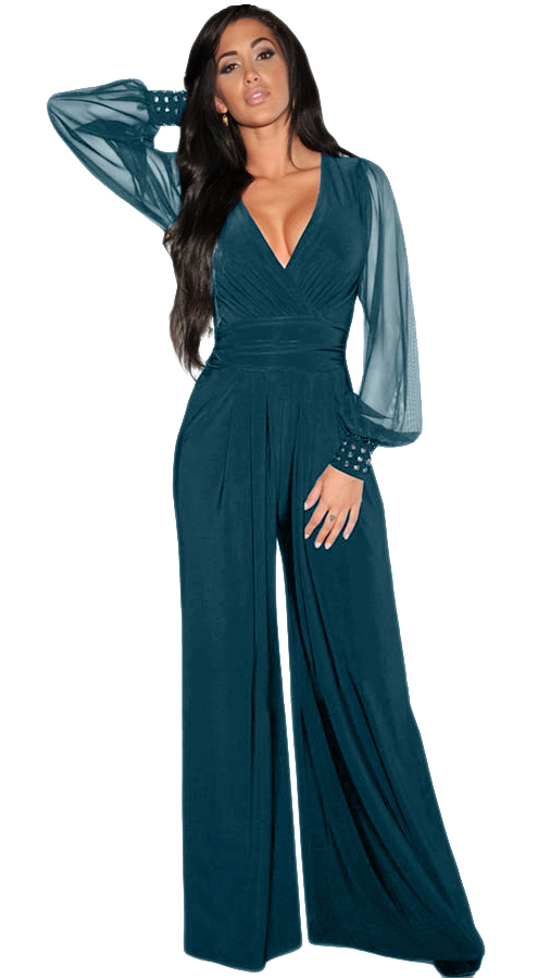 Elegant petrol jumpsuit with V-neck and wide legs, featuring transparent sleeves with gold rivets.