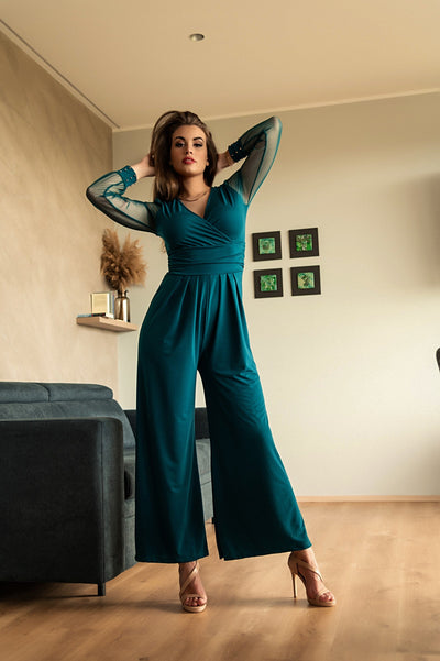 Elegant jumpsuit with "V" neckline Georgina, petrol