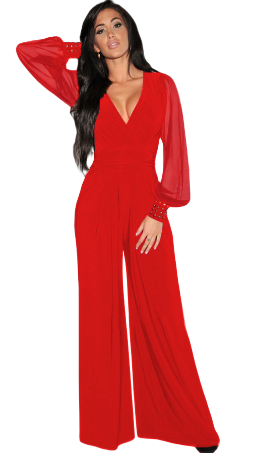 Red elegant jumpsuit with v-neckline and sheer long sleeves, high-waisted wide leg pants, perfect for events.