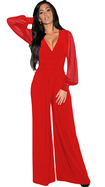 Elegant red jumpsuit with v-neckline and sheer long sleeves.