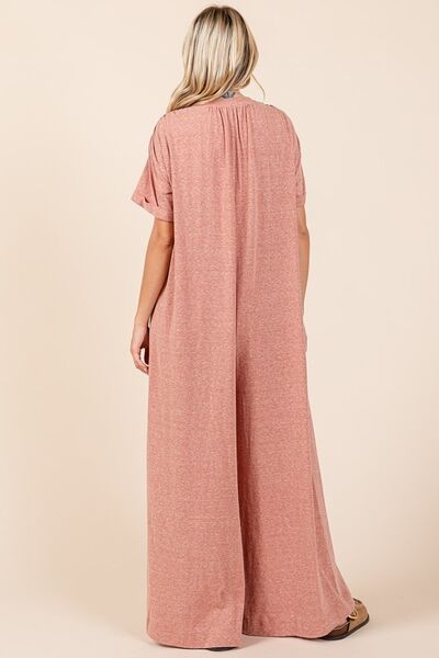 Mittoshop Button Detail Short Sleeve Wide Leg Jumpsuit in pink, featuring button detailing, wide-leg silhouette, and short sleeves.