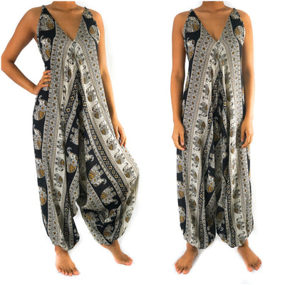 Black elephant boho hippie jumpsuit with adjustable straps and wide legs.